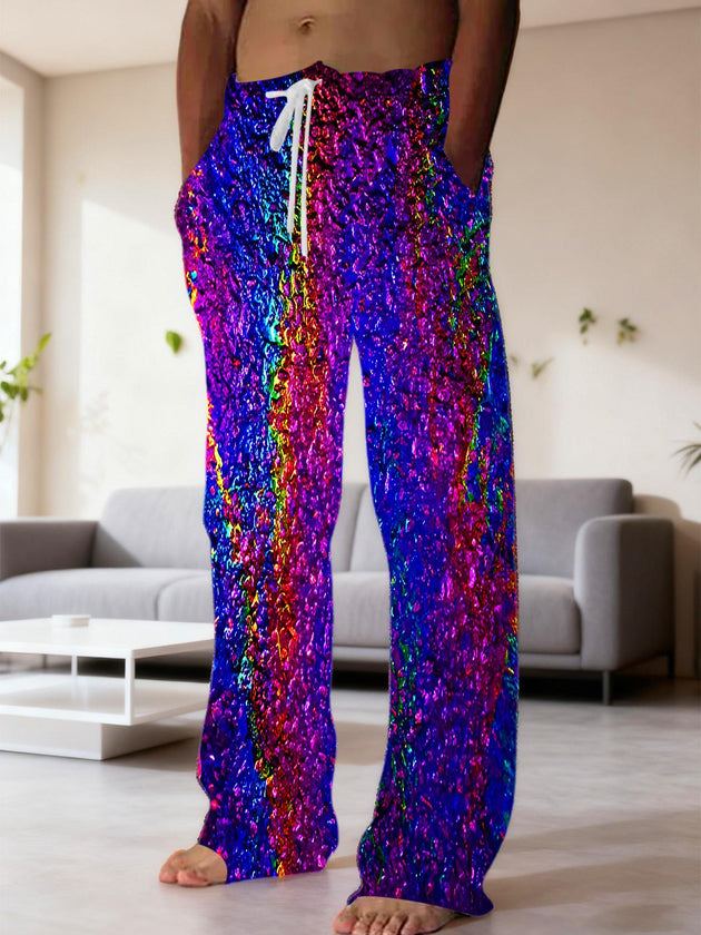 Men Abstract Rainbow Color Texture Casual Elastic Waist Pants Front View
