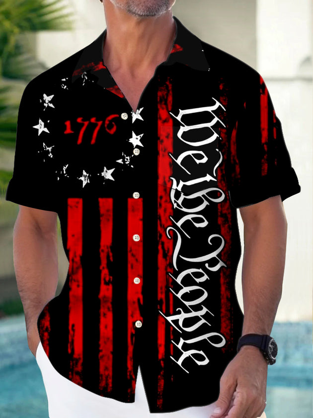 Men's American flag patterned short sleeve pocket shirt front view Independence Day