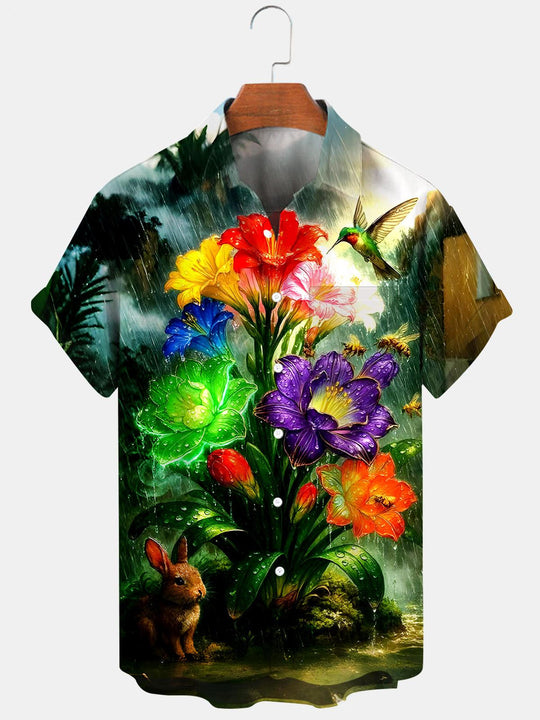 men's floral hummingbird rabbit short sleeve shirt front view