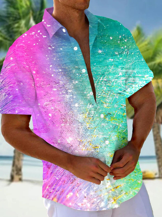 Men's short sleeve Hawaiian shirt front view for tropical beach vacation