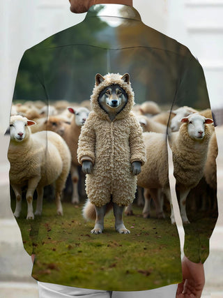 Men's long sleeve wolf sheep flock pattern shirt back view