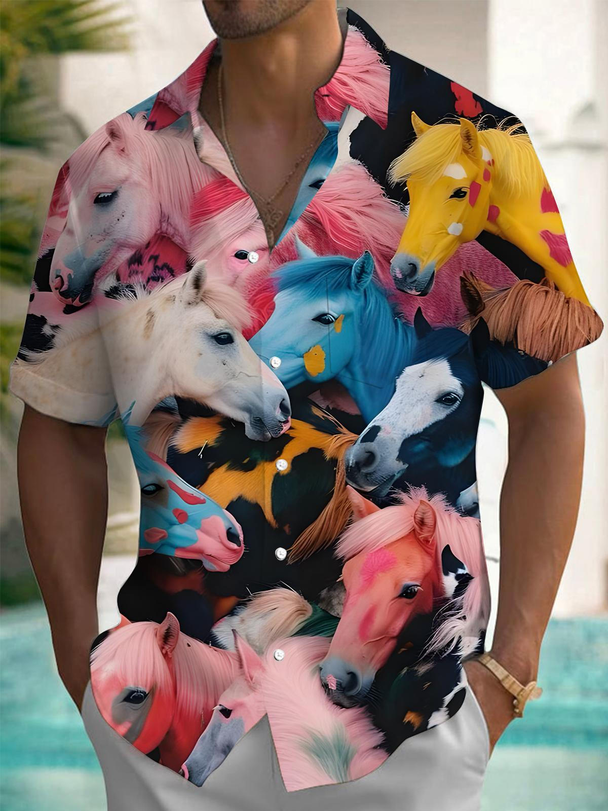 Horse Print Men's Pocket Short Sleeve Shirts