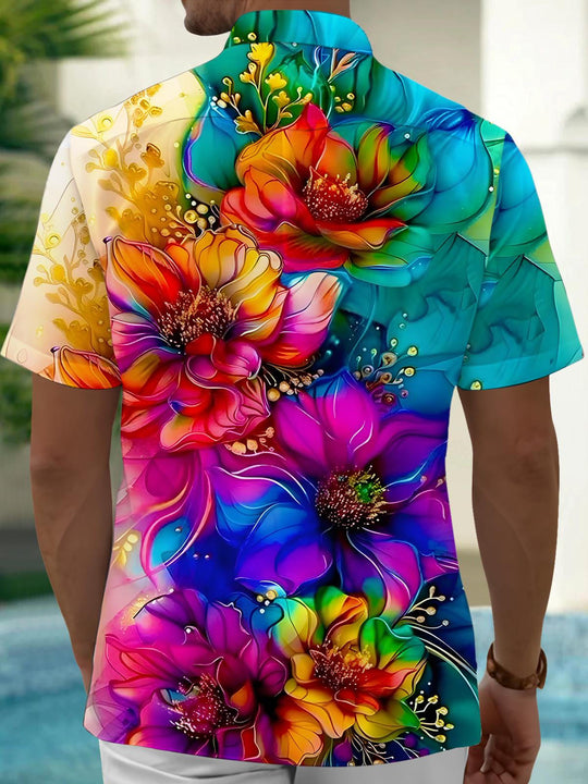 men's flower print short sleeve shirt back view
