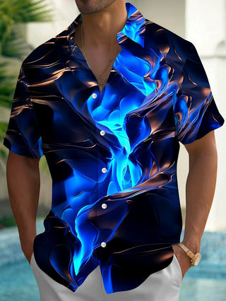 Adaychic Men's Graphic Abstract Blue 3D Wave Print Short Sleeve Button Down Shirt with Chest Pocket