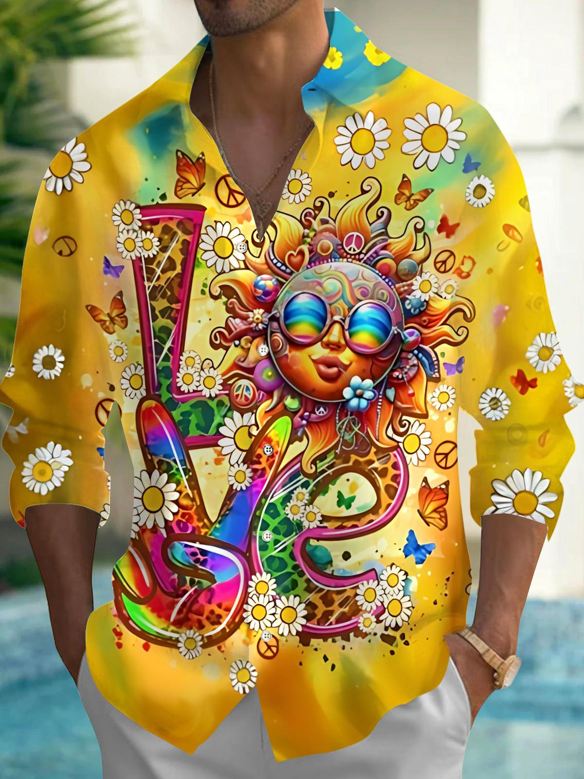 Hippie Sun Art Print Men's Pocket Long Sleeve Shirts