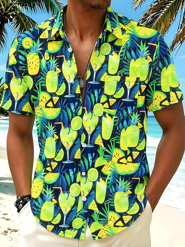 Hawaiian Pineapple Cocktail Men's Pocket Short Sleeve Shirts