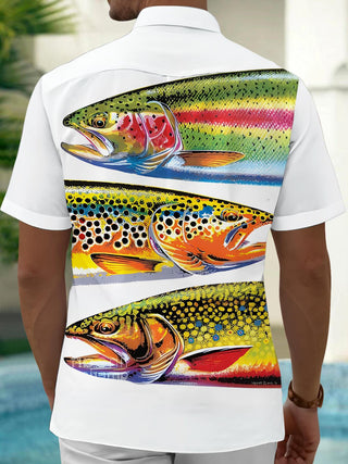Men's fish print pocket short sleeve shirt back view