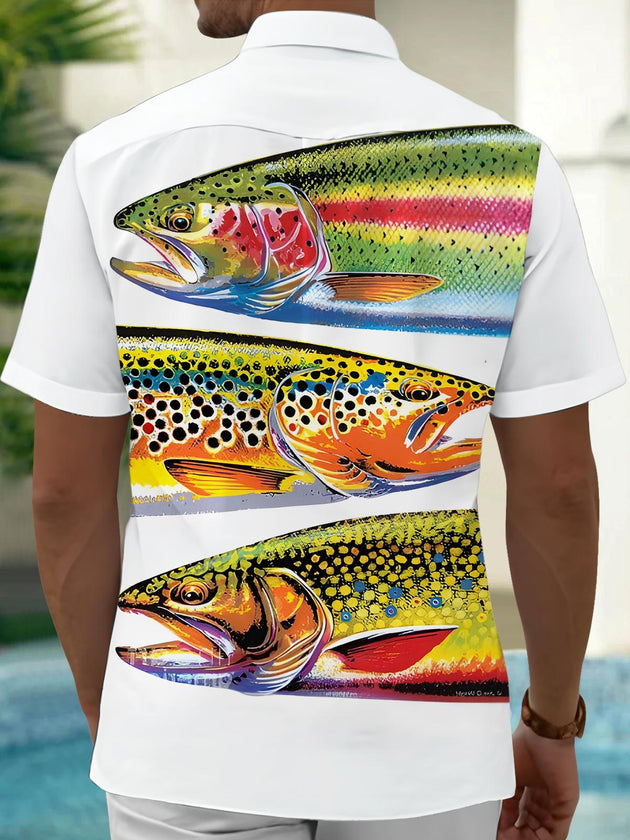 Men's fish print pocket short sleeve shirt back view