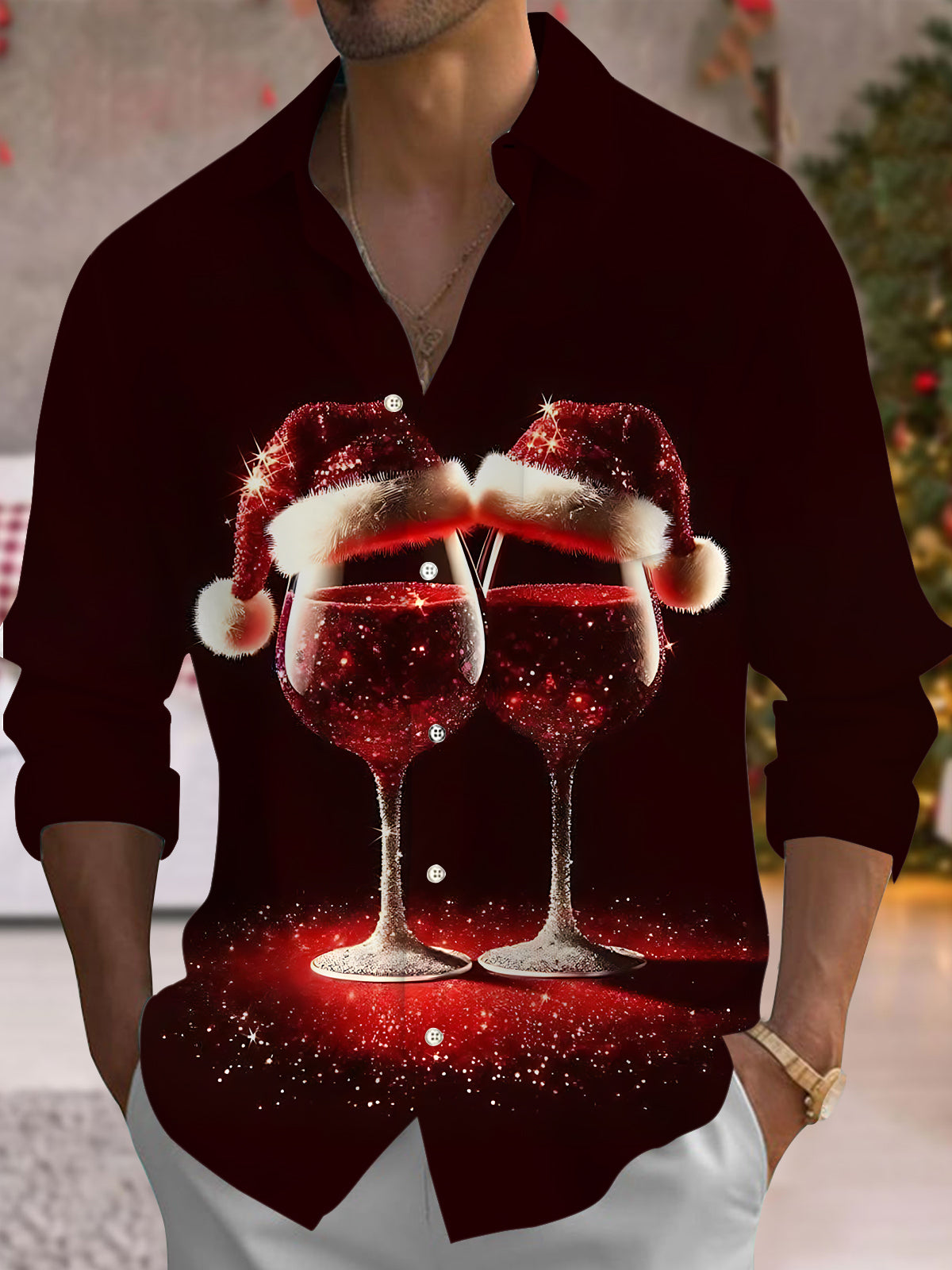 Christmas Wine Glass Print Men's Pocket Long Sleeve Shirts