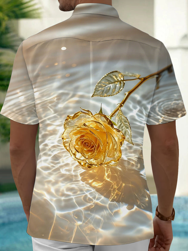 Men's gold rose print short sleeve shirt back view