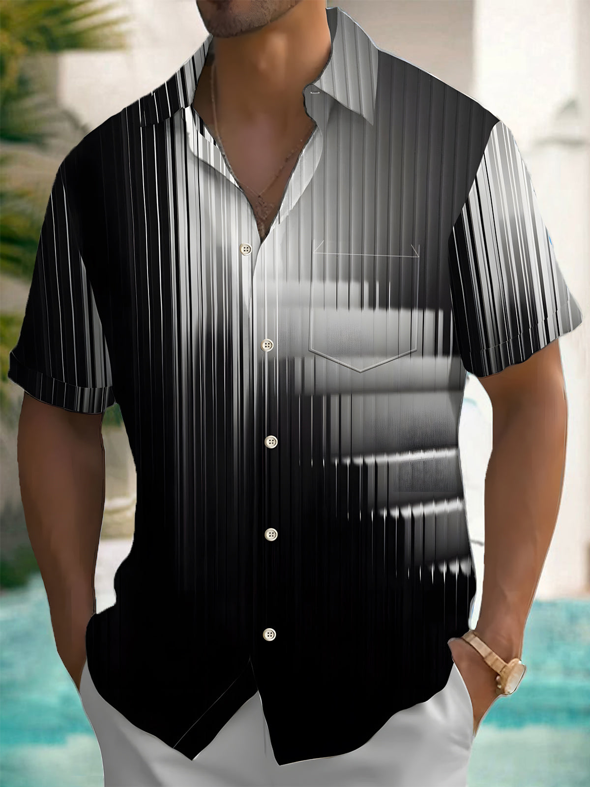 Geometric Gradient Print Men's Pocket Short Sleeve Shirts