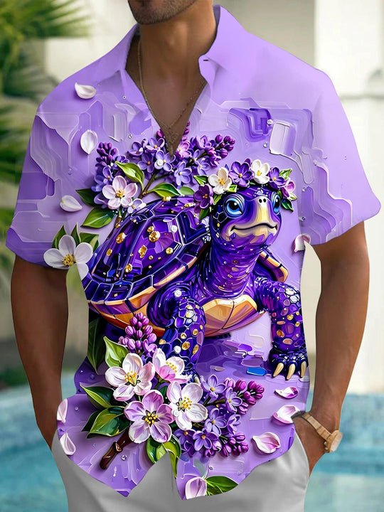 Hawaiian Sea Turtle Floral Men's Pocket Short Sleeve Shirts