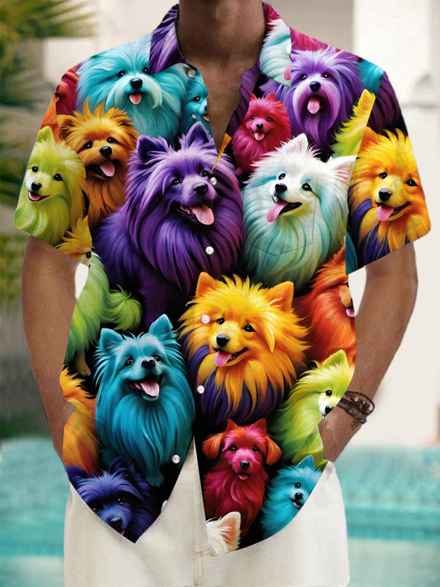 men's colorful puppy print pocket short sleeve shirt front view