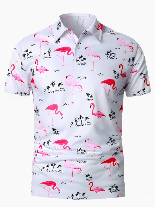 Men's short sleeve Hawaiian flamingo button polo shirt front view for tropical beach vacation