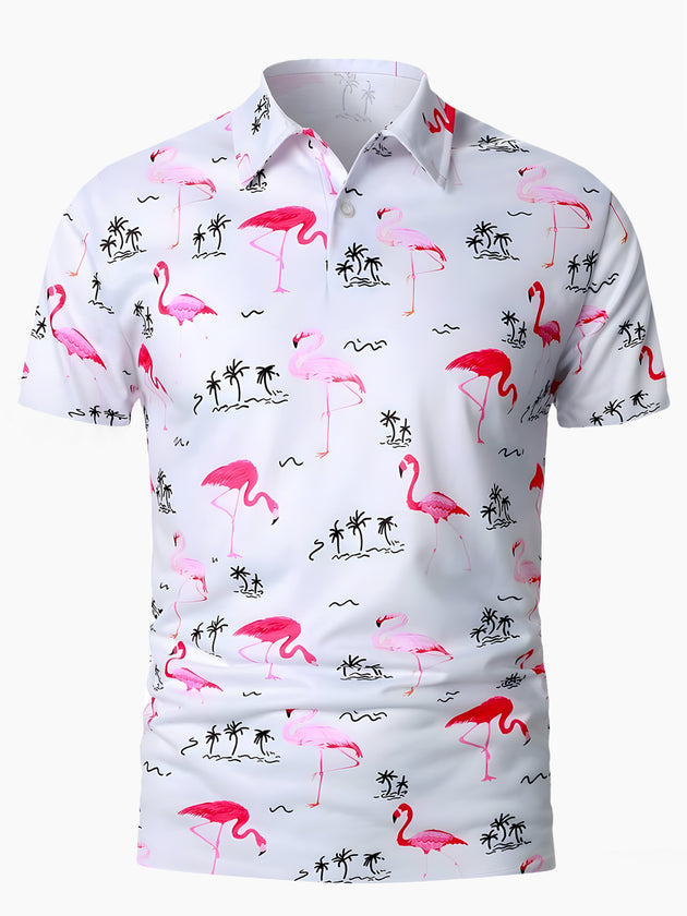 Men's short sleeve Hawaiian flamingo button polo shirt front view for tropical beach vacation