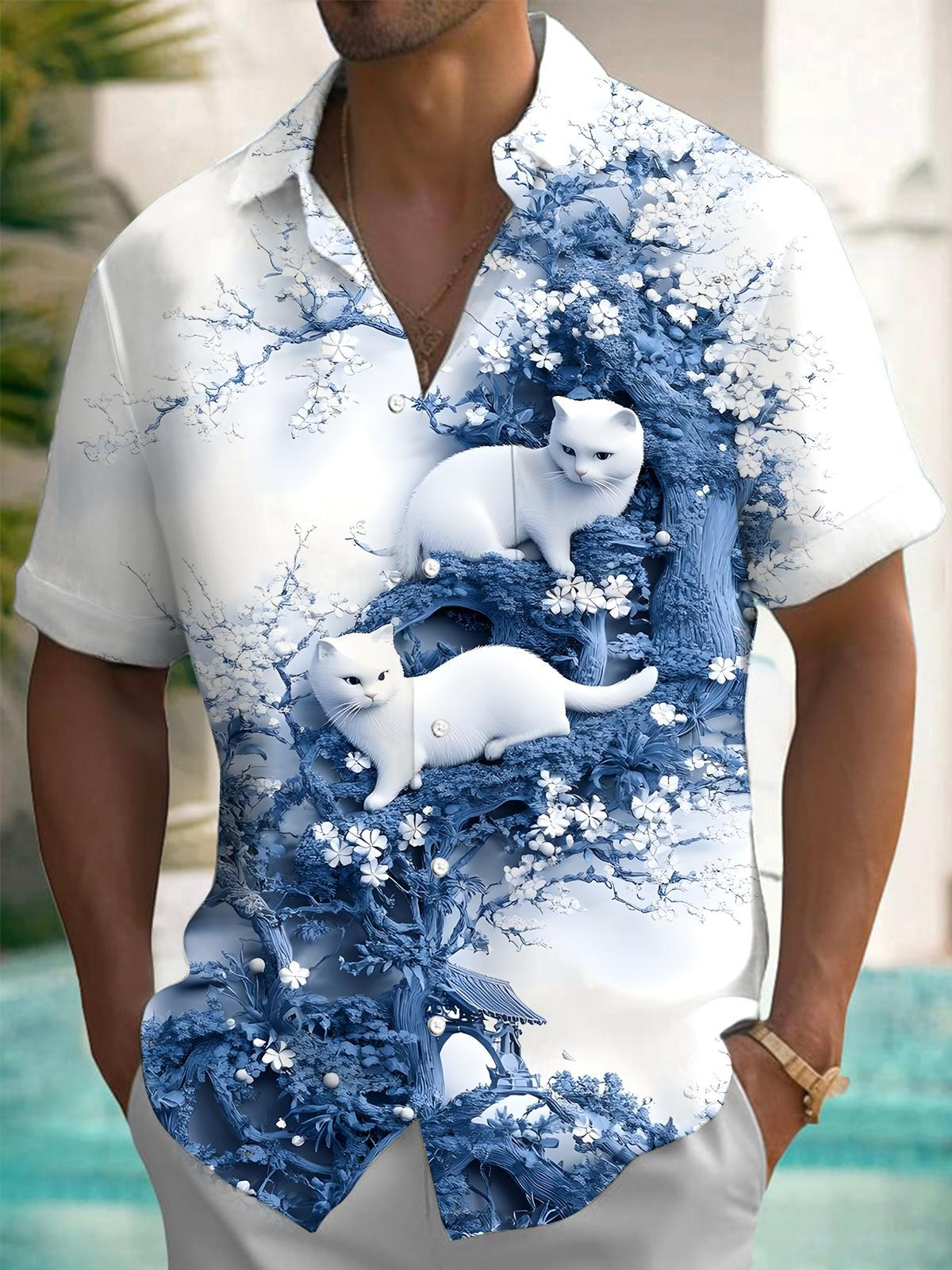 Cat Floral Prints Men's Pocket Short Sleeve Shirts