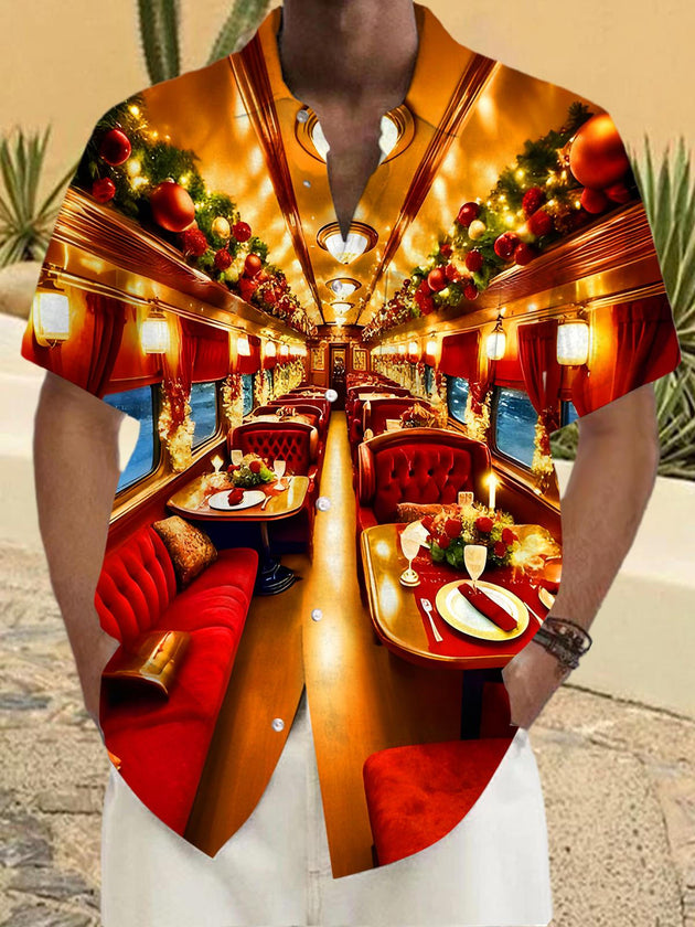 Men's red Christmas train pattern short sleeve shirt front view for holiday party