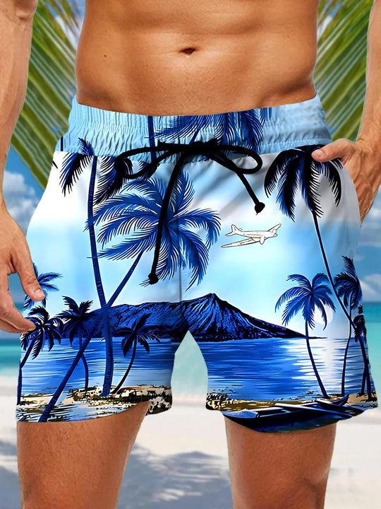 Men's Hawaiian coconut tree print casual shorts front view for tropical beach vacation