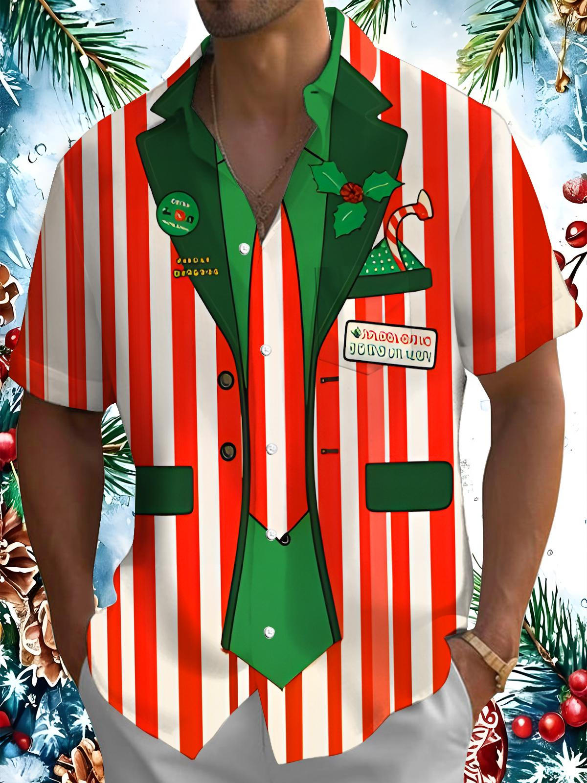 Fun Color-blocked Striped Christmas Xmas Men's Pocket Short Sleeve Shirts