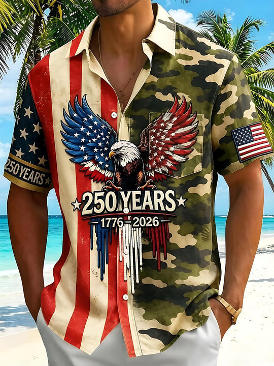 USA 250th Anniversary Camo Eagle Independence Day Men's Pocket Short Sleeve Shirts