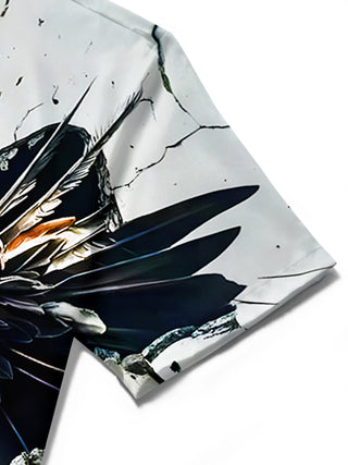Men's eagle print short sleeve shirt detail close-up of fabric texture