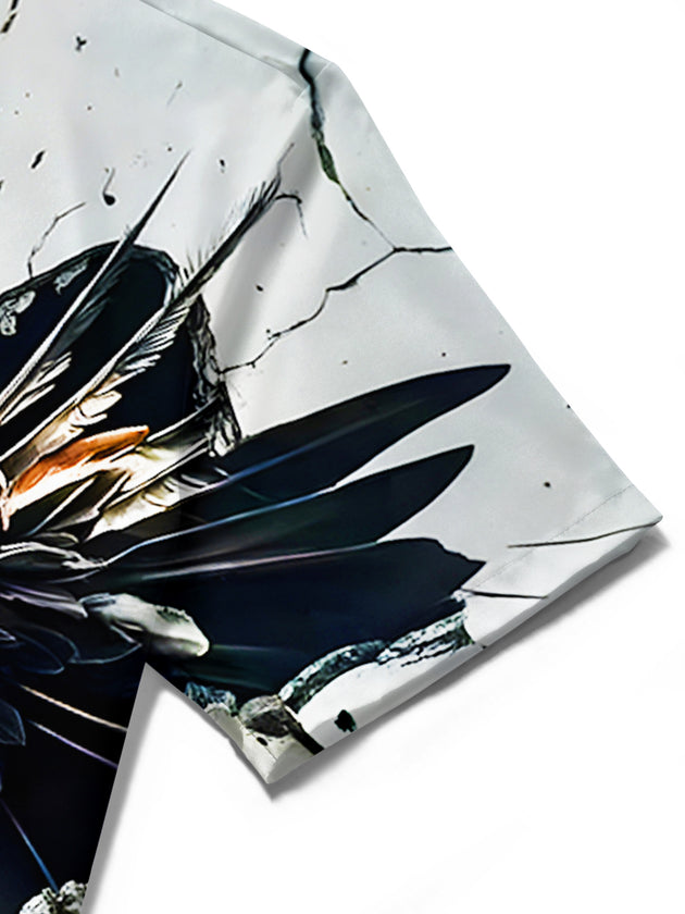Men's eagle print short sleeve shirt detail close-up of fabric texture