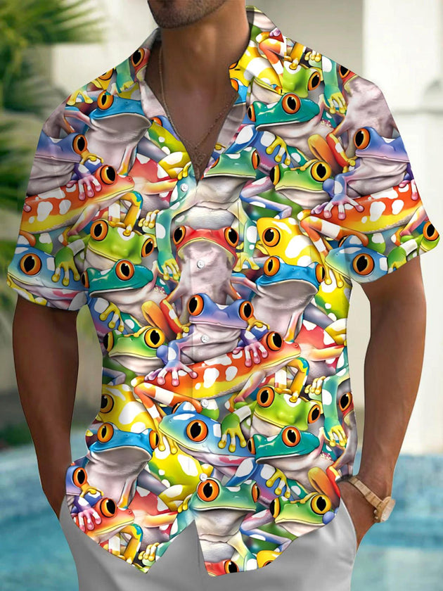 Frog Print Men's Pocket Short Sleeve Shirts