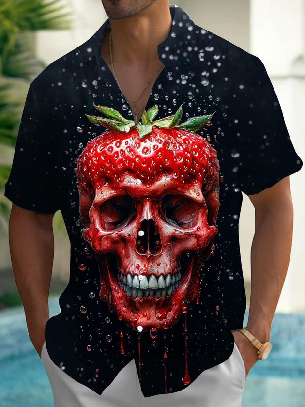 Strawberry Skull Print Men's Pocket Short Sleeve Shirts