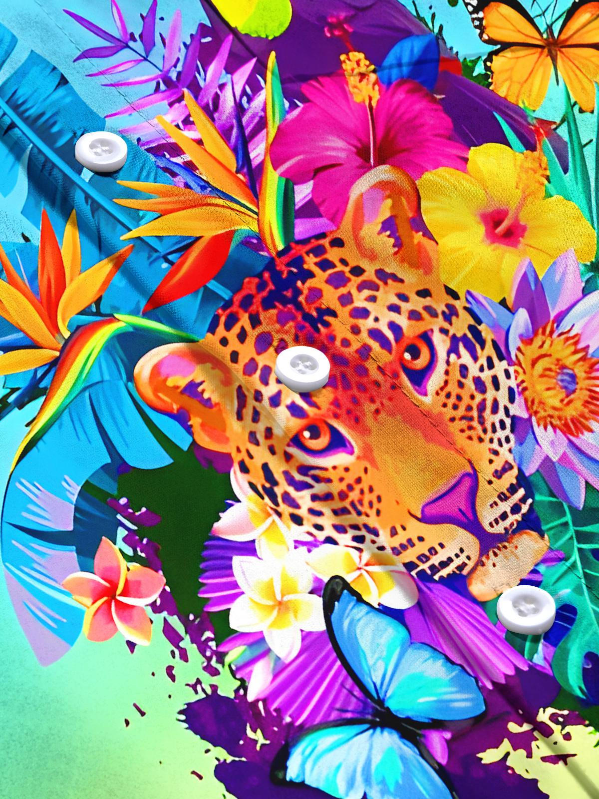 Hawaiian Cheetah Parrot Butterfly Flower Leaf Men's Pocket Short Sleeve Shirts