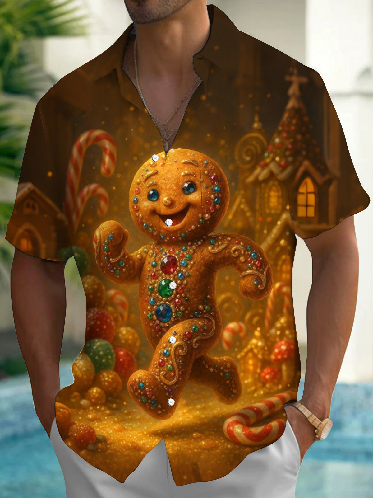 Christmas Gingerbread Man Print Men's Pocket Short Sleeve Shirts