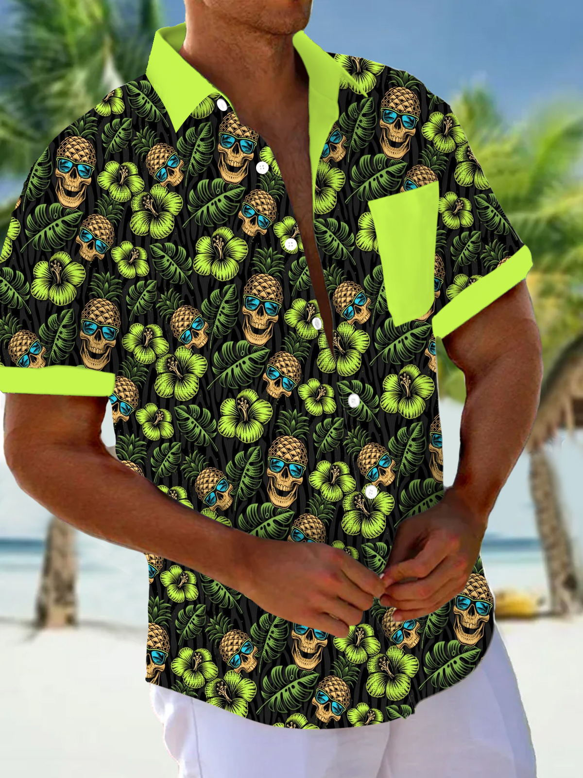 Hawaiian Floral Pineapple Skull Men's Pocket Short Sleeve Shirts