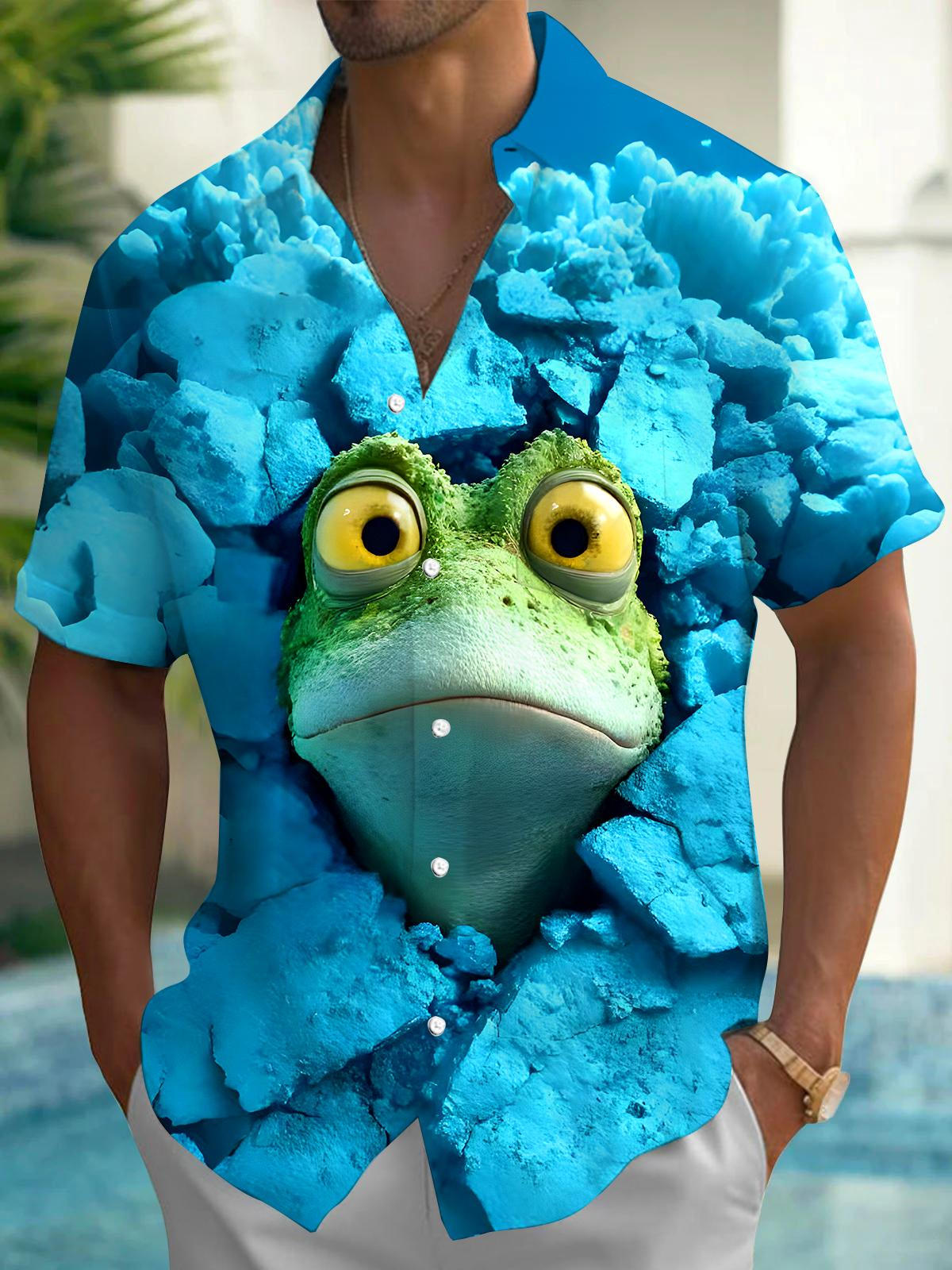 Men's Hawaiian short sleeve shirt with funny frog print front view tropical beach vacation