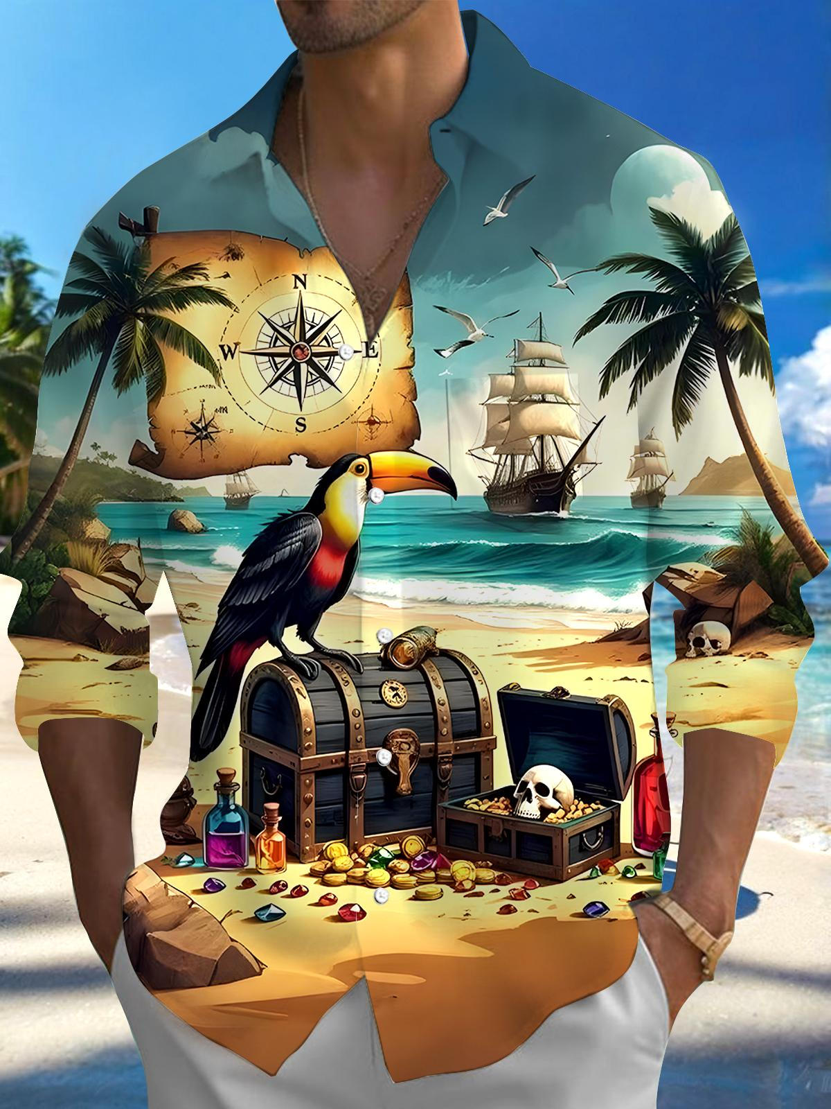 Hawaiian Parrot Men's Pocket Long Sleeve Shirts