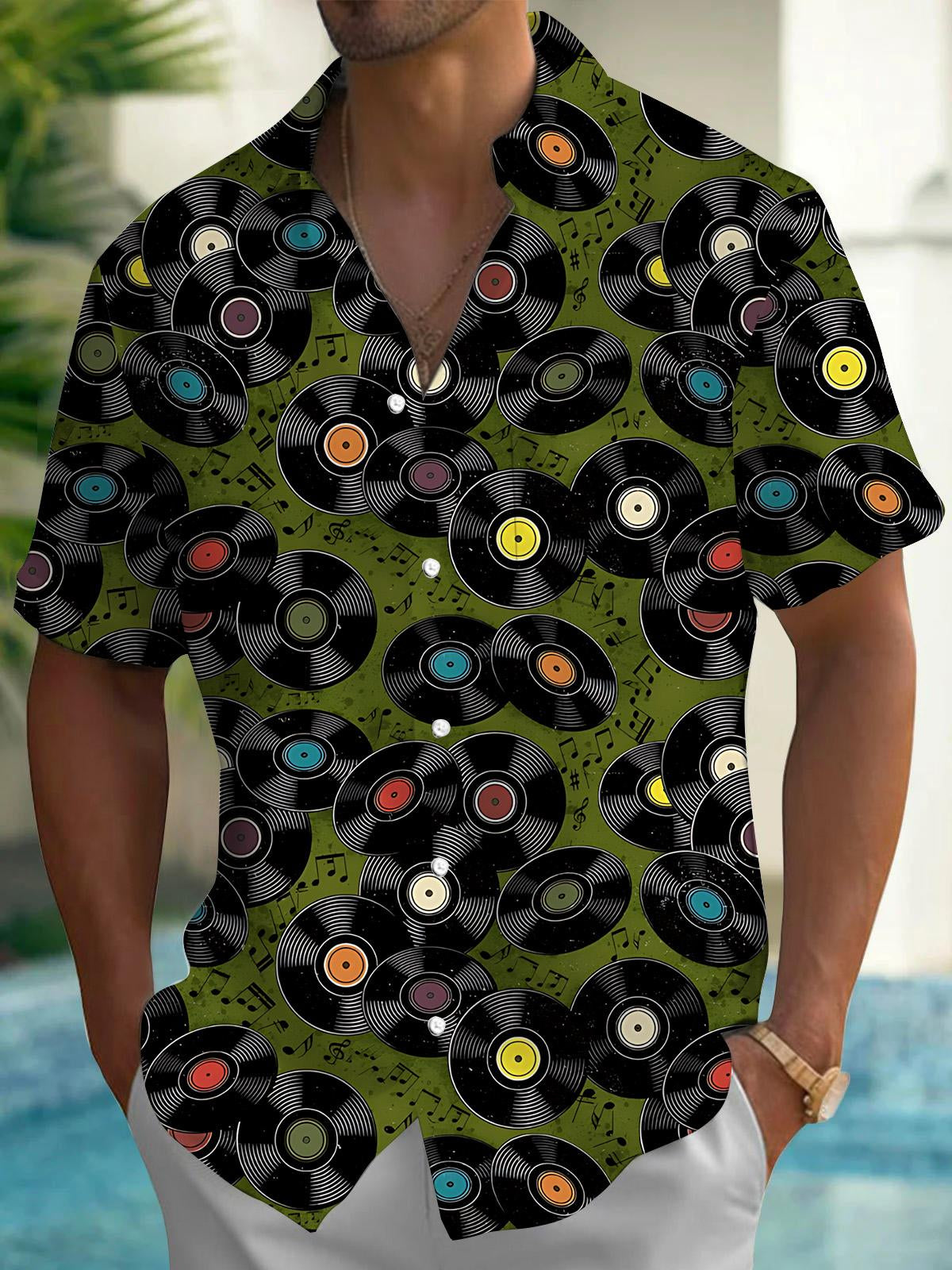Music Notes Vinyl Record Print Men's Pocket Short Sleeve Shirts
