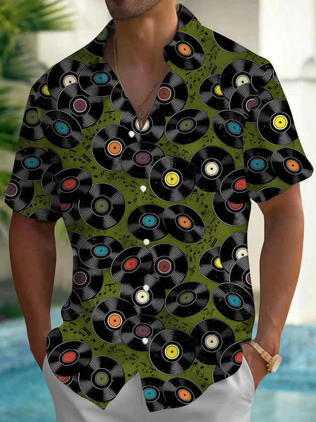 Music Notes Vinyl Record Print Men's Pocket Short Sleeve Shirts
