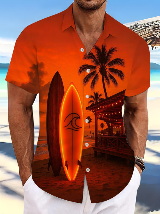 Men's beach vacation short sleeve shirt with coconut tree print front view