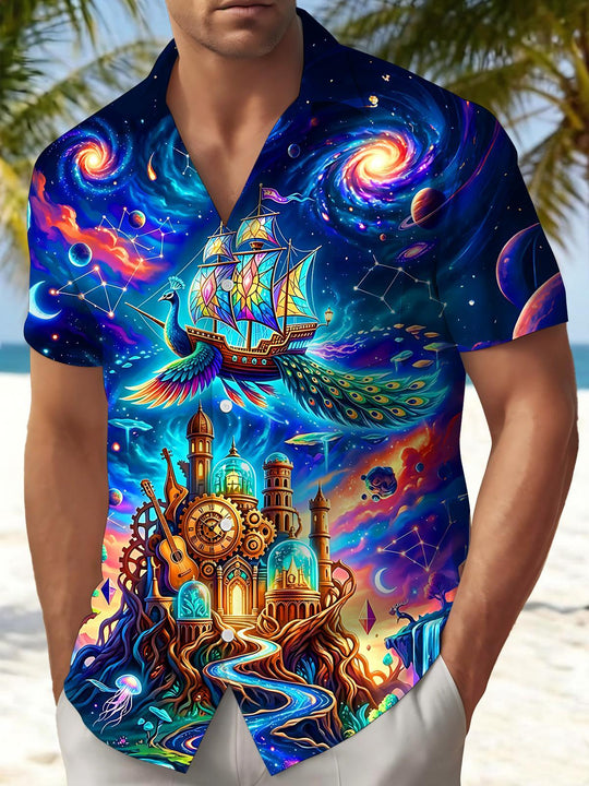Magic Starry Sky Peacock Sailboat Ancient Castle Steampunk Men's Pocket Short Sleeve Shirts