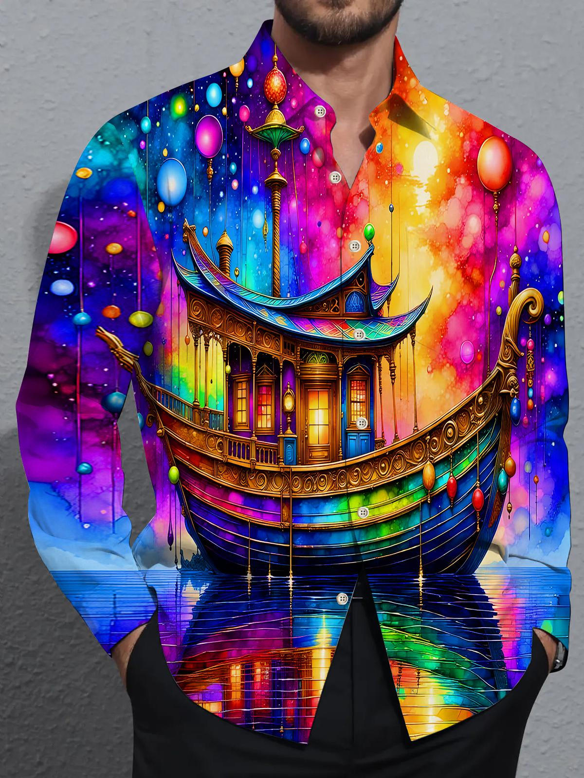 Tie Dye Psychedelic Colorful Boat Men's Pocket Long Sleeve Shirts