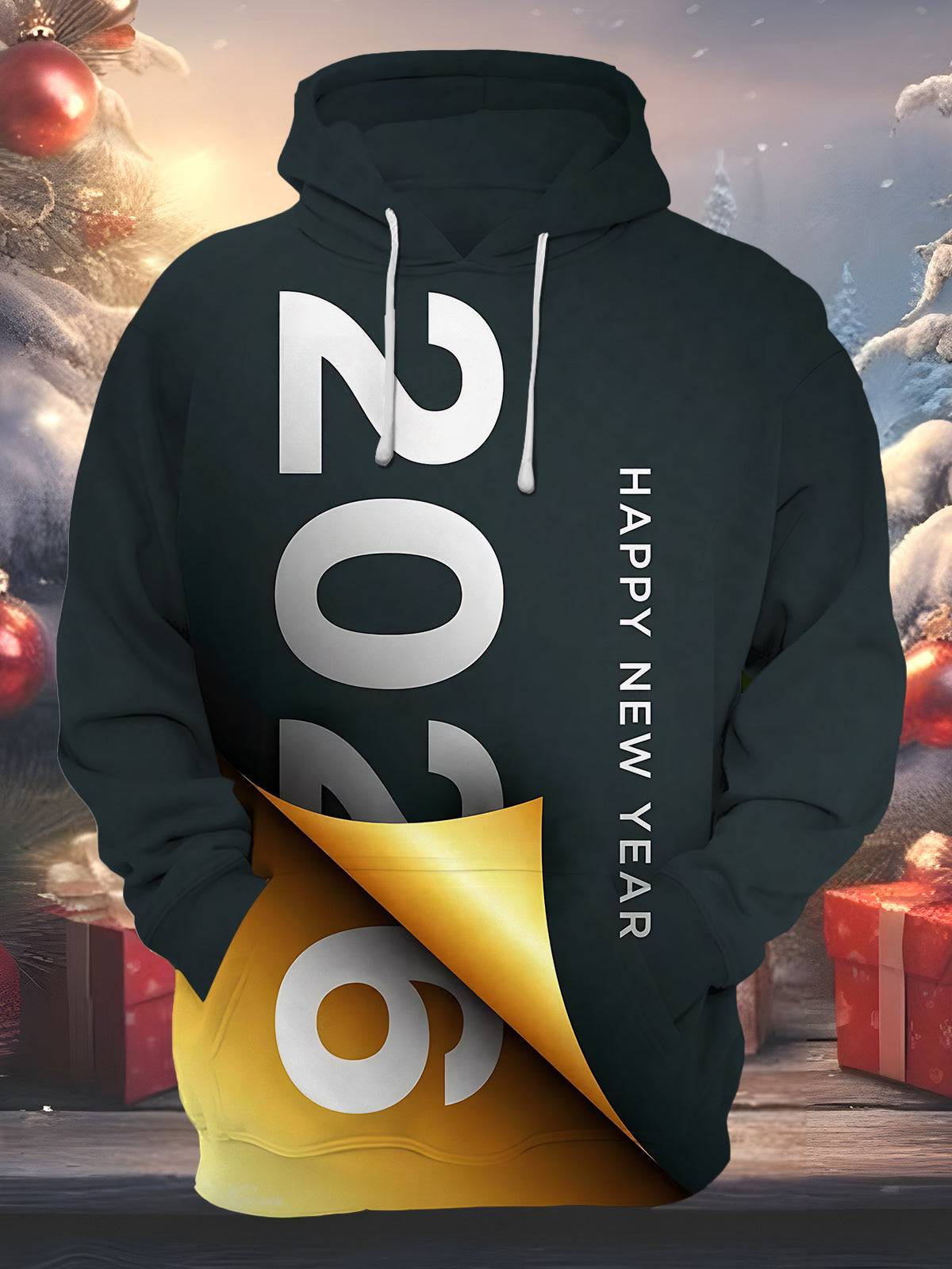 2026 HAPPY NEW YEAR Men's Long Sleeve Printing Pocket Hooded Sweatshirt