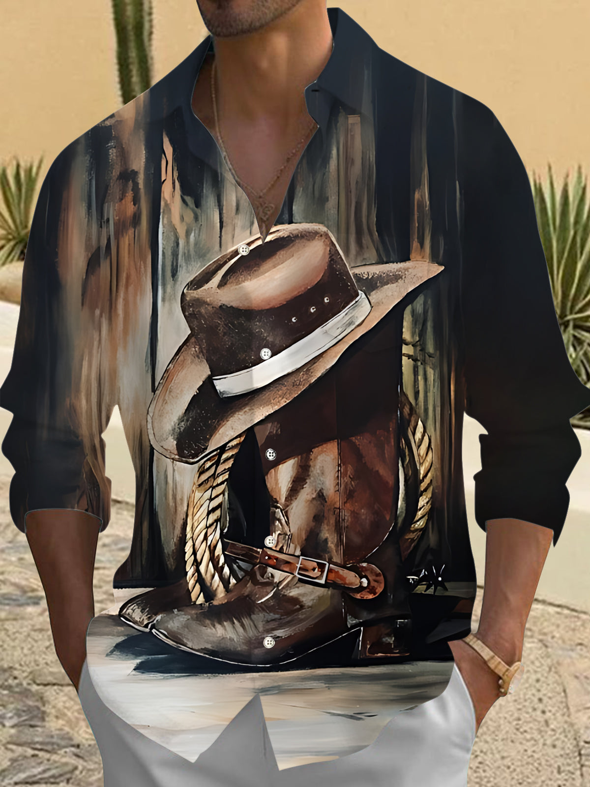 Western Cowboy Boots Print Men's Pocket Long Sleeve Shirts