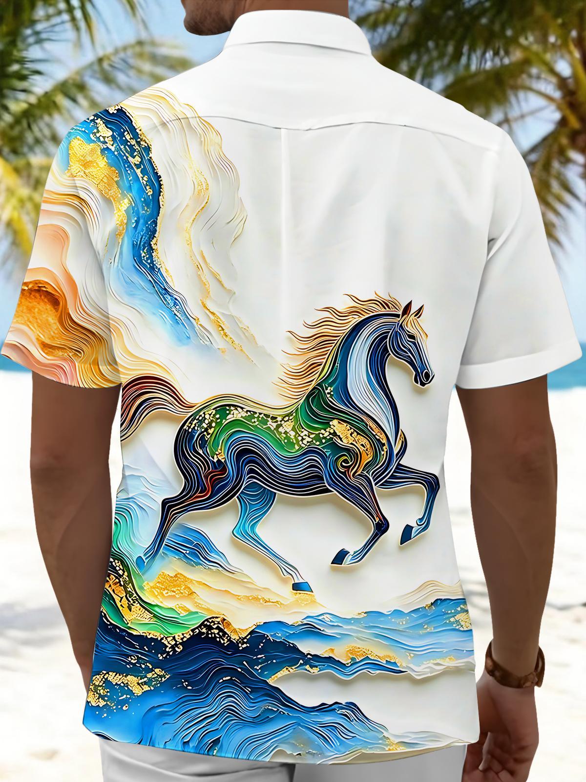3D Art Gilded Marble Texture Steed Horse Men's Pocket Short Sleeve Shirts