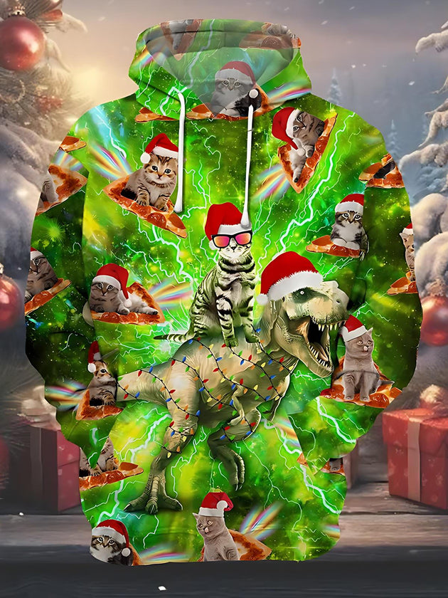 Men's Christmas cat dinosaur print long sleeve hoodie front view for holiday party