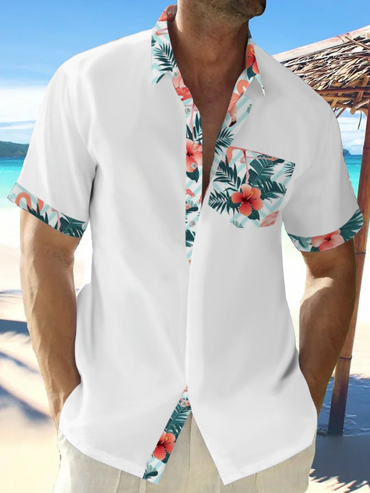 Men's floral flamingo print short sleeve shirt front view