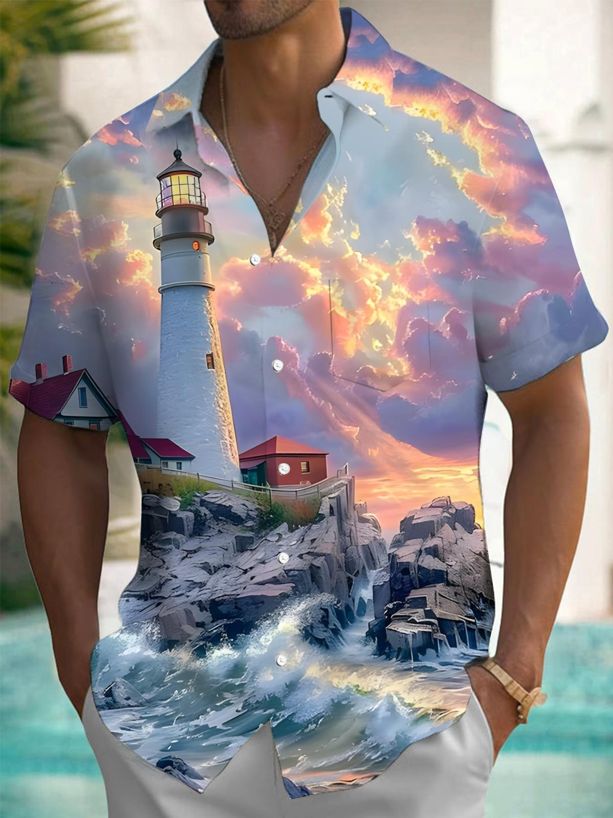 Lighthouse Print Men's Pocket Short Sleeve Shirts