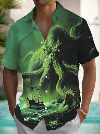 Men's short sleeve giant octopus boat print pocket shirt front view