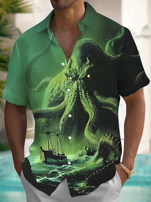 Men's short sleeve giant octopus boat print pocket shirt front view