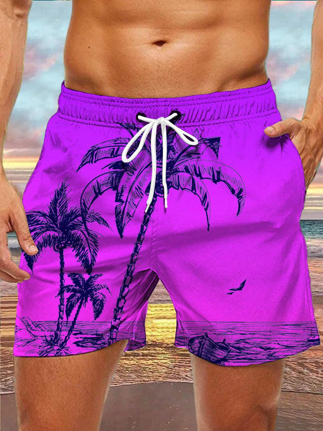 Men's tropical coconut tree print beach shorts front view for beach vacation