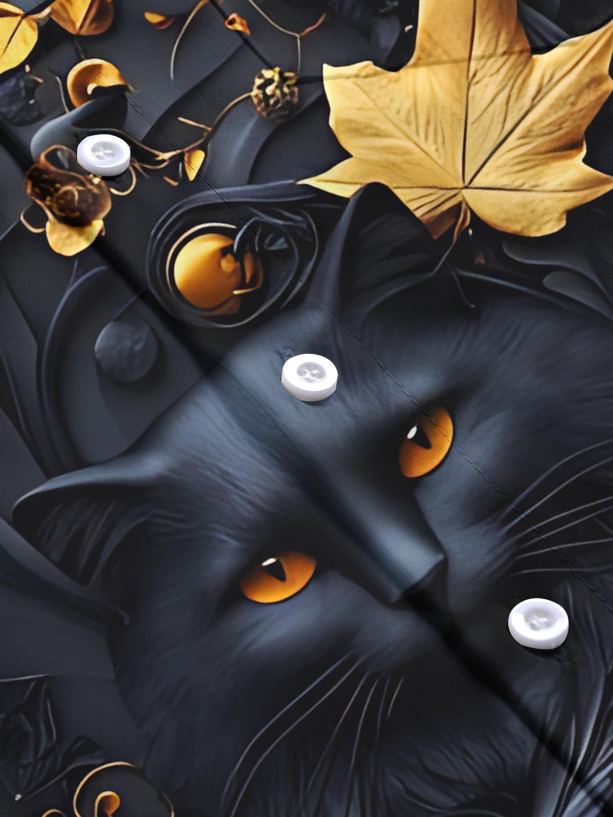 Black Cat Maple Leaf Print Men's Pocket Short Sleeve Shirts