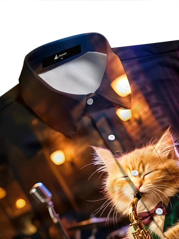 Funn Cat Saxophone Men's Pocket Short Sleeve Shirts