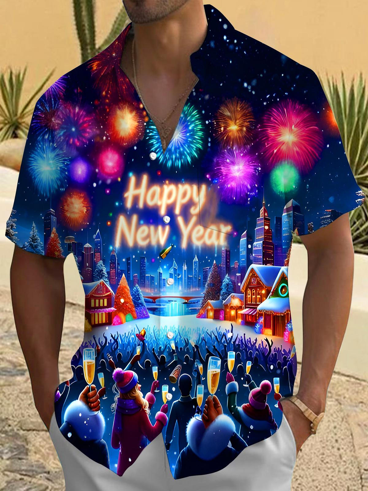 Festive Champagne Fireworks New Year Men's Pocket Short Sleeve Shirts